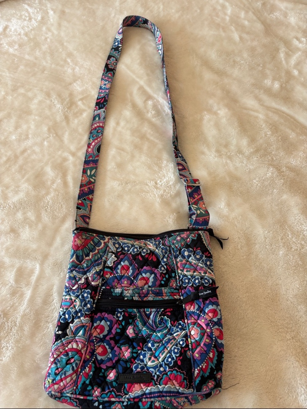 Vera Bradley Quilted Crossbody in Black with Pink, Blue & Teal Paisley
